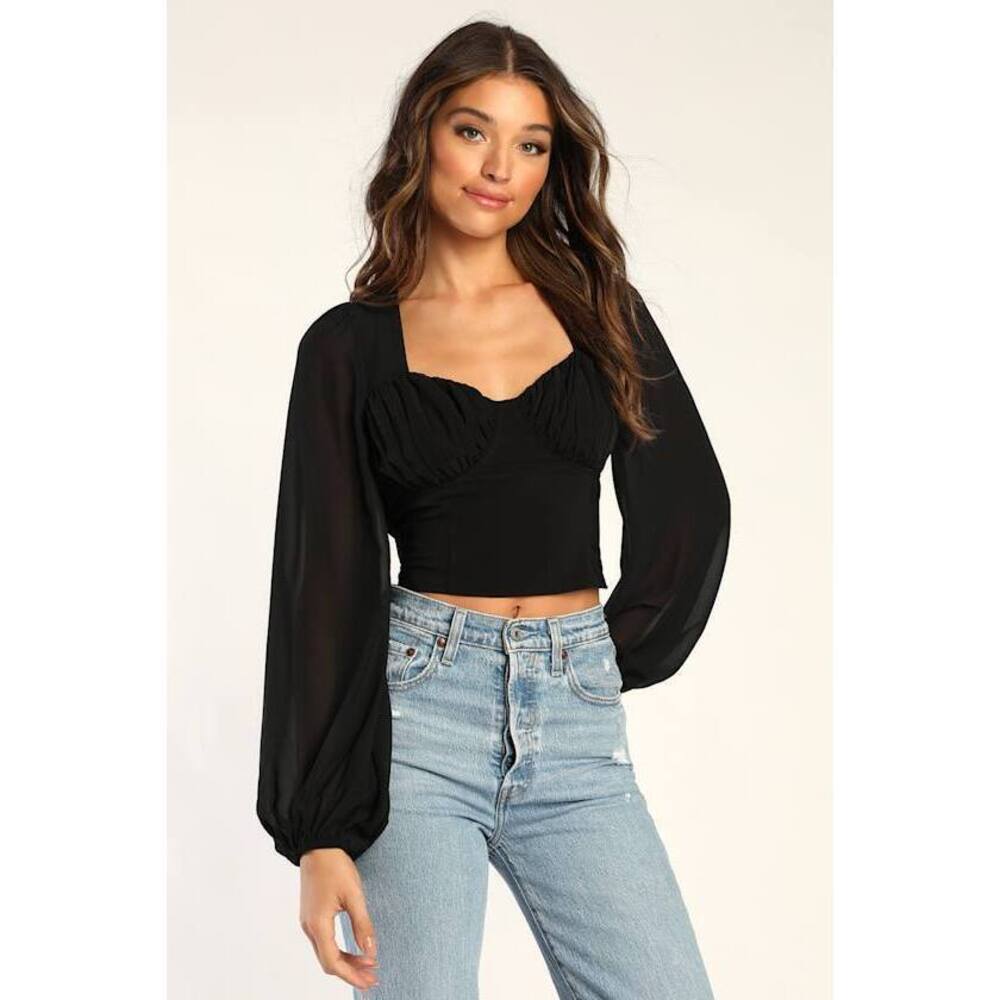Lulus Alluring Flirt Black Long Sleeve Crop Top - Size S